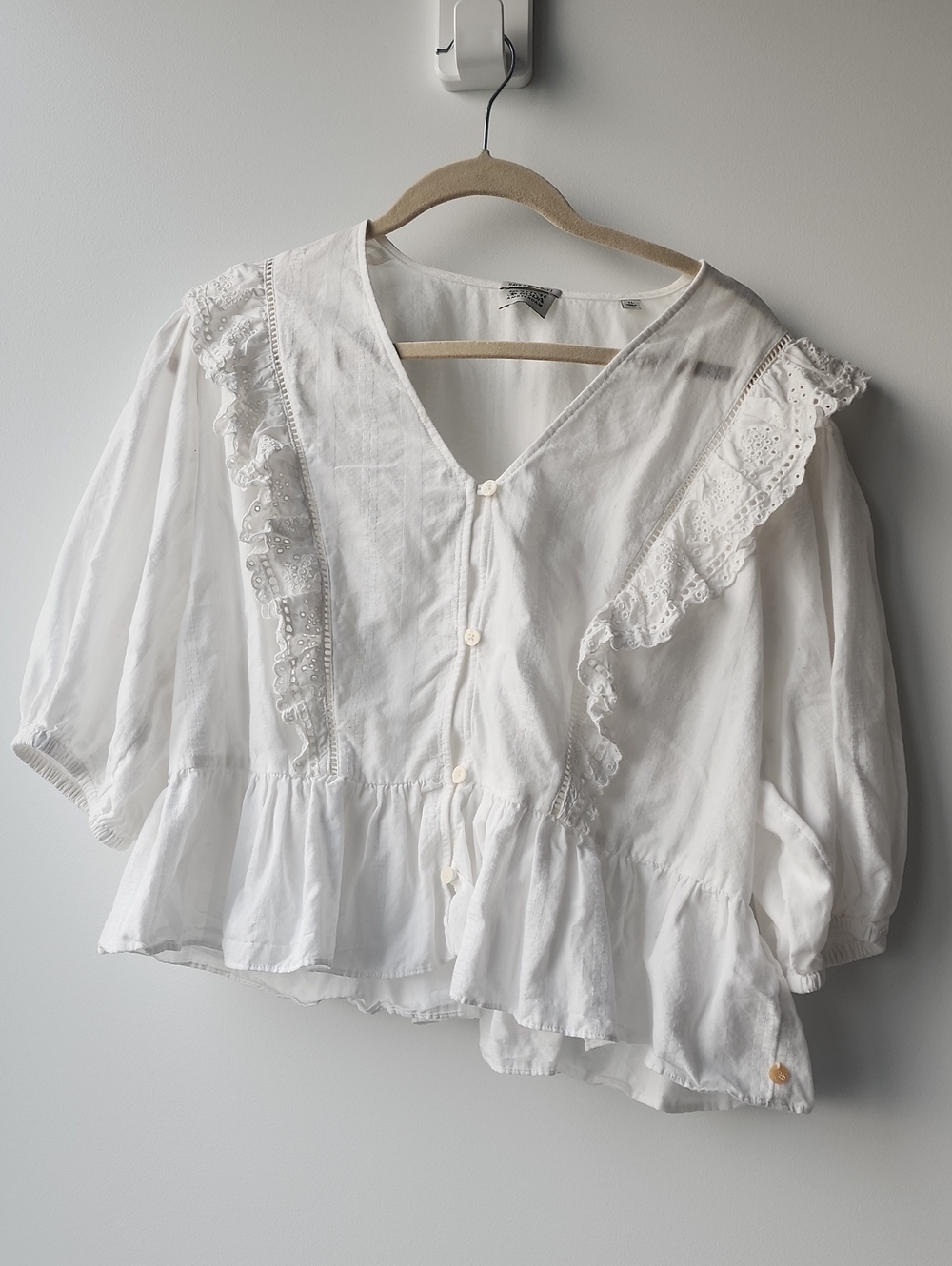 Scotch & Soda Eyelet Ruffle Peplum Cropped Button Up 100% Organic Cotton Blouse - Picture 1 of 9